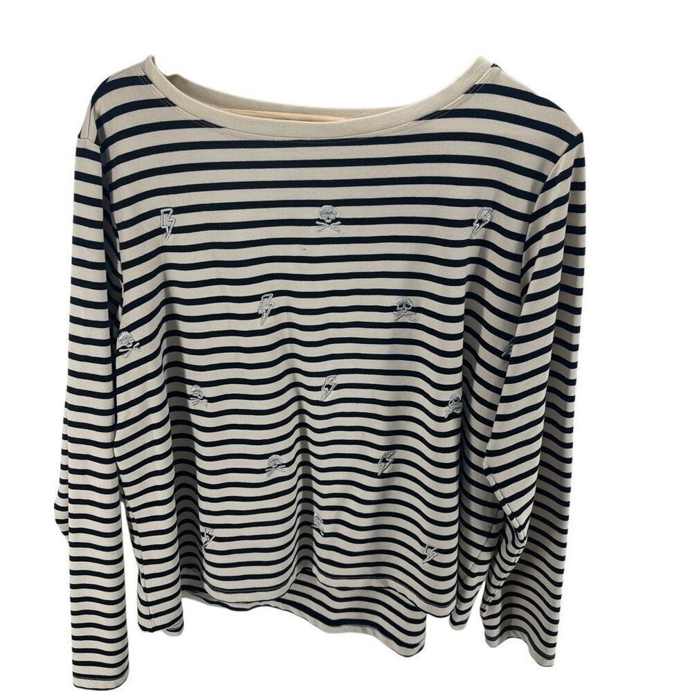 Betsey Johnson Womens Striped Embroidered Skull Lightning Bolt Tee Cream Black X